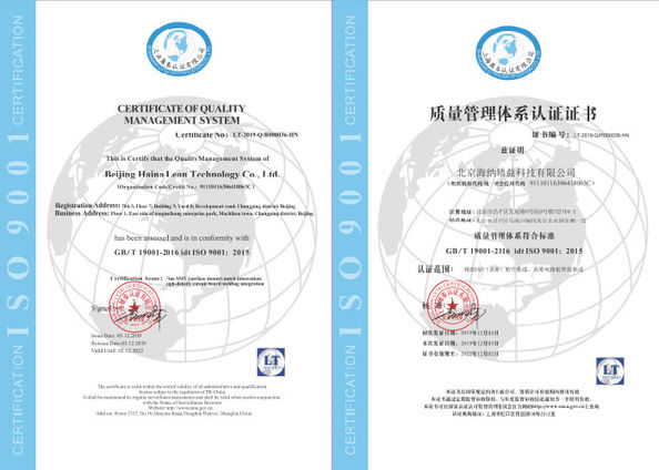 중국 Beijing Haina Lean Technology Co., Ltd 인증